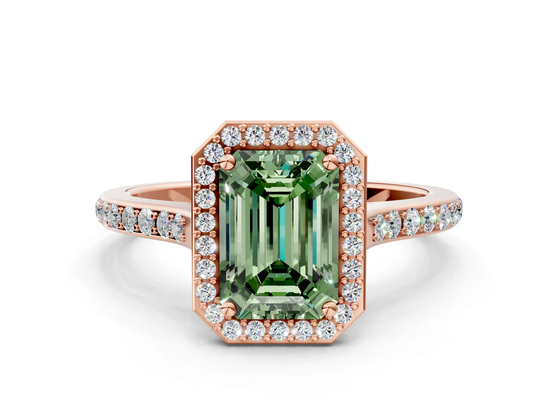 Rose gold Fancy Green Emerald Cut Halo Round Diamond Pavé Band with Four-Prong Setting_3