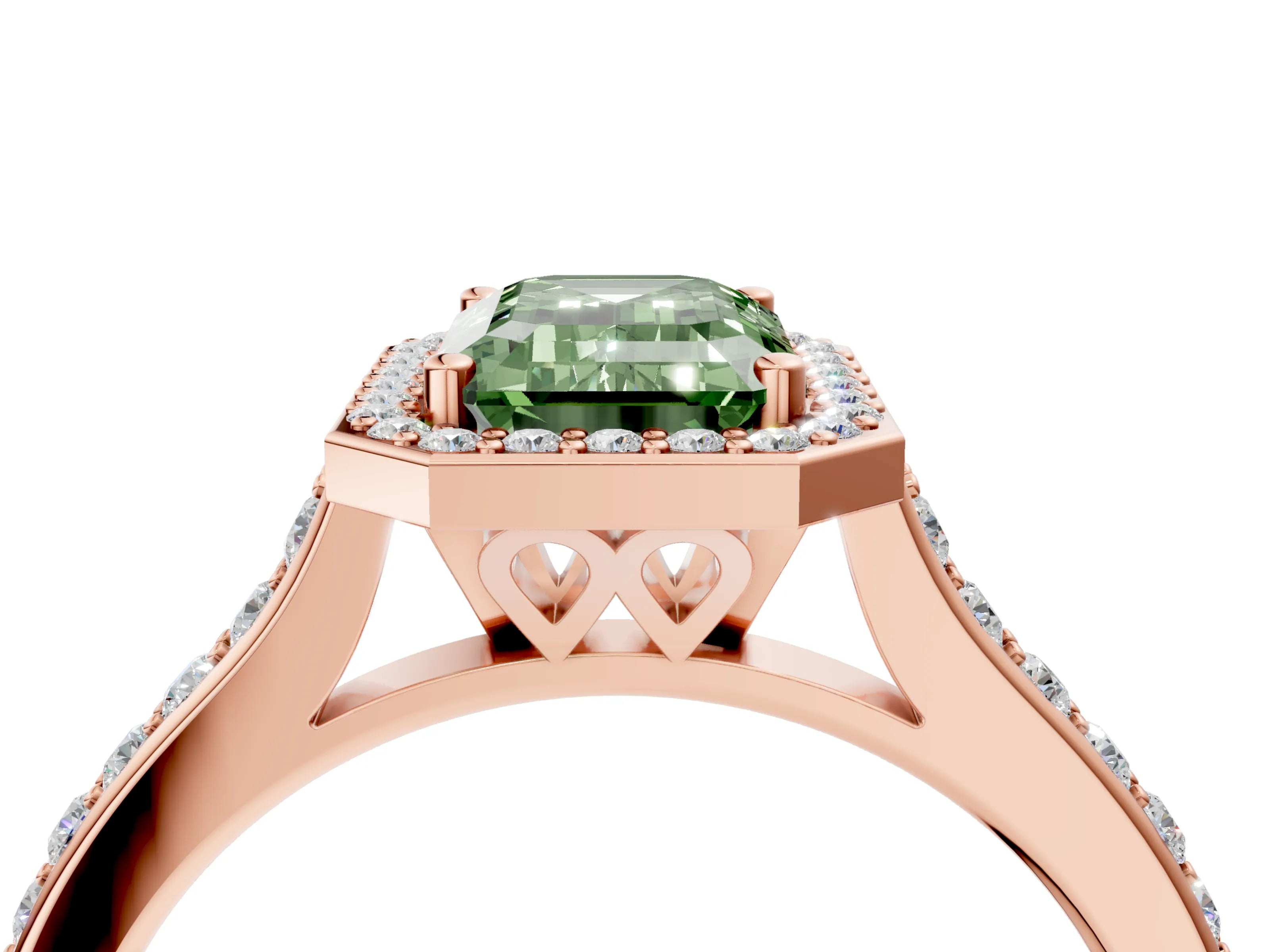 Rose gold Fancy Green Emerald Cut Halo Round Diamond Pavé Band with Four-Prong Setting_7