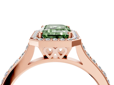 Rose gold Fancy Green Emerald Cut Halo Round Diamond Pavé Band with Four-Prong Setting_7
