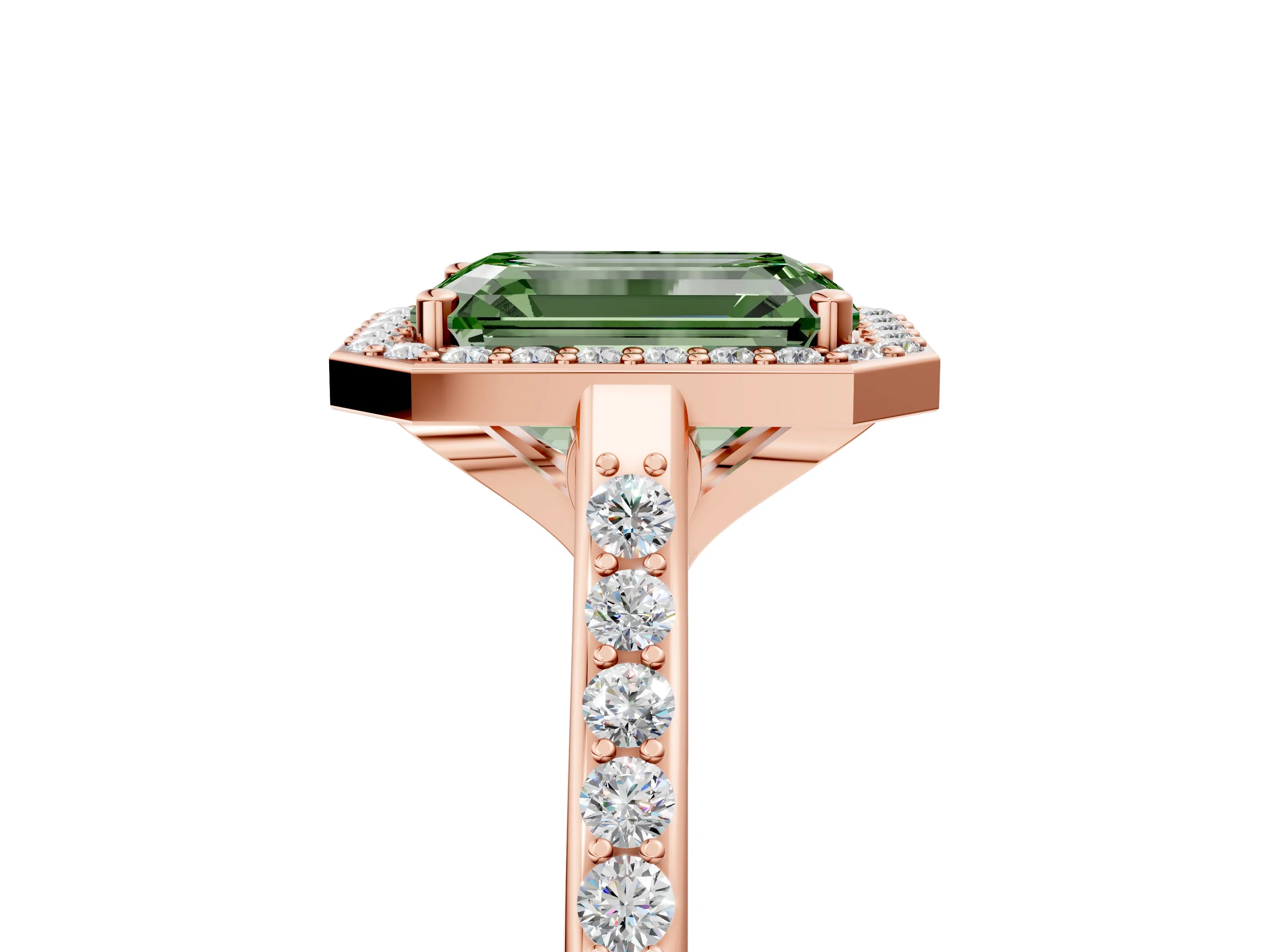 Rose gold Fancy Green Emerald Cut Halo Round Diamond Pavé Band with Four-Prong Setting_8