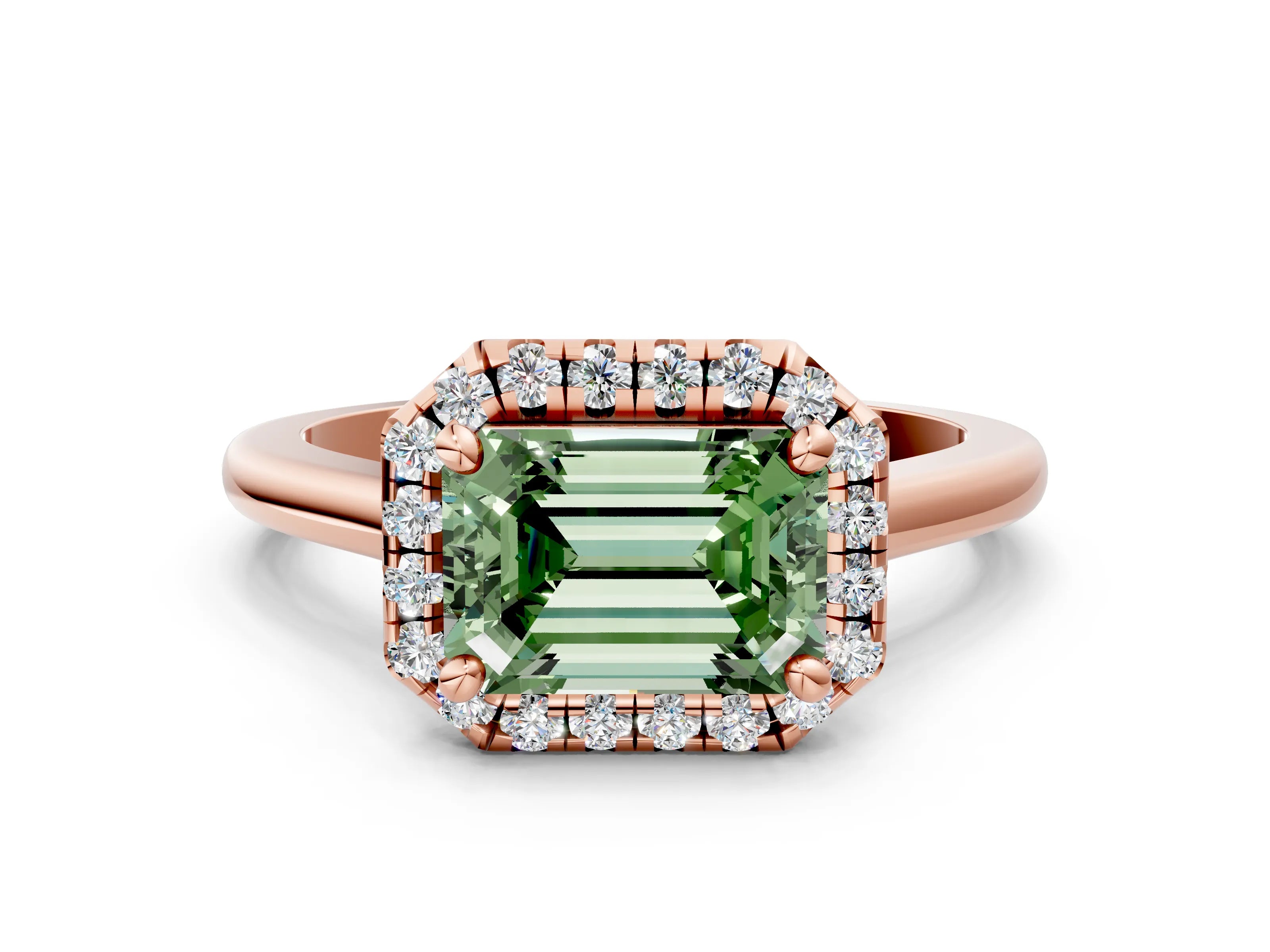 Rose gold Fancy Green Emerald Cut Halo Round Diamond Solitaire Engagement Ring with Pave Band and Four-Prong Setting_12