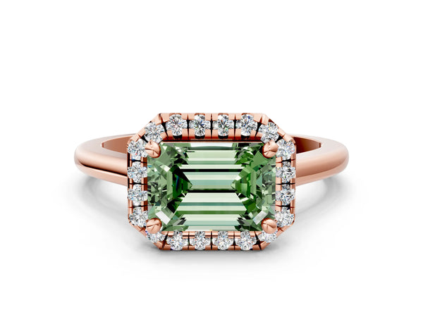 Rose gold Fancy Green Emerald Cut Halo Round Diamond Solitaire Engagement Ring with Pave Band and Four-Prong Setting