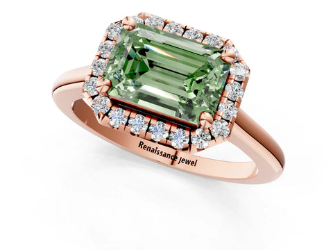 Rose gold Fancy Green Emerald Cut Halo Round Diamond Solitaire Engagement Ring with Pave Band and Four-Prong Setting_13