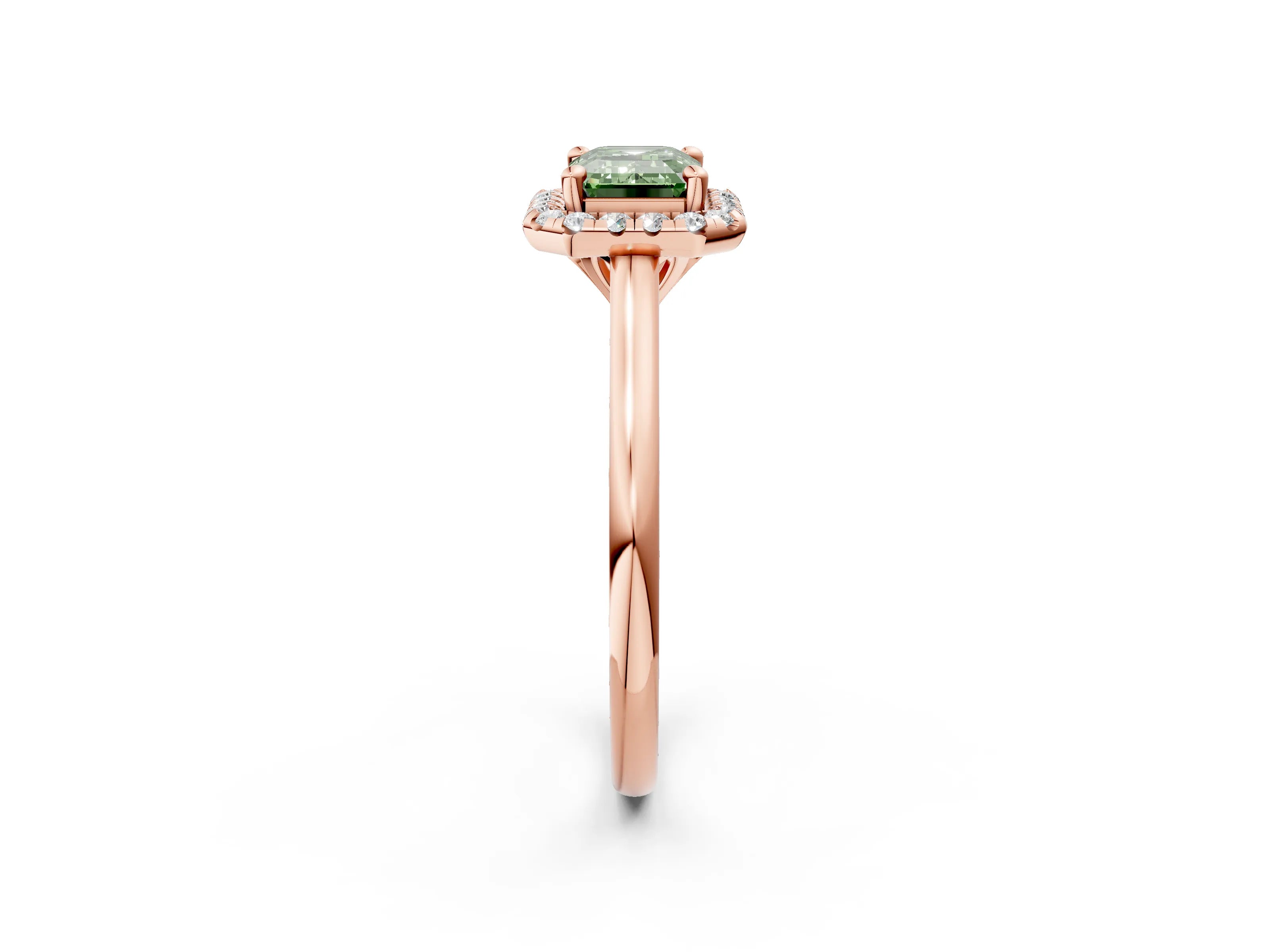 Rose gold Fancy Green Emerald Cut Halo Round Diamond Solitaire Engagement Ring with Pave Band and Four-Prong Setting_14