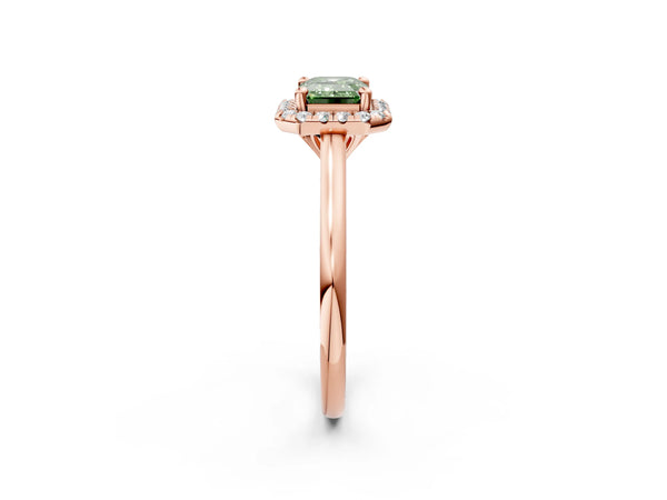 Rose gold Fancy Green Emerald Cut Halo Round Diamond Solitaire Engagement Ring with Pave Band and Four-Prong Setting