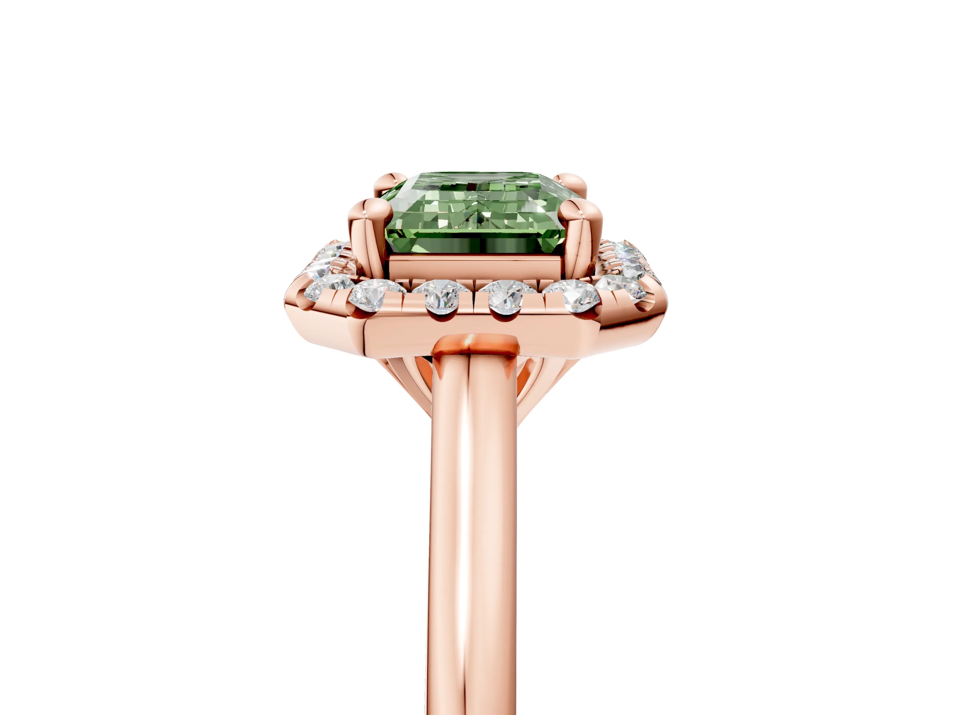 Rose gold Fancy Green Emerald Cut Halo Round Diamond Solitaire Engagement Ring with Pave Band and Four-Prong Setting_17