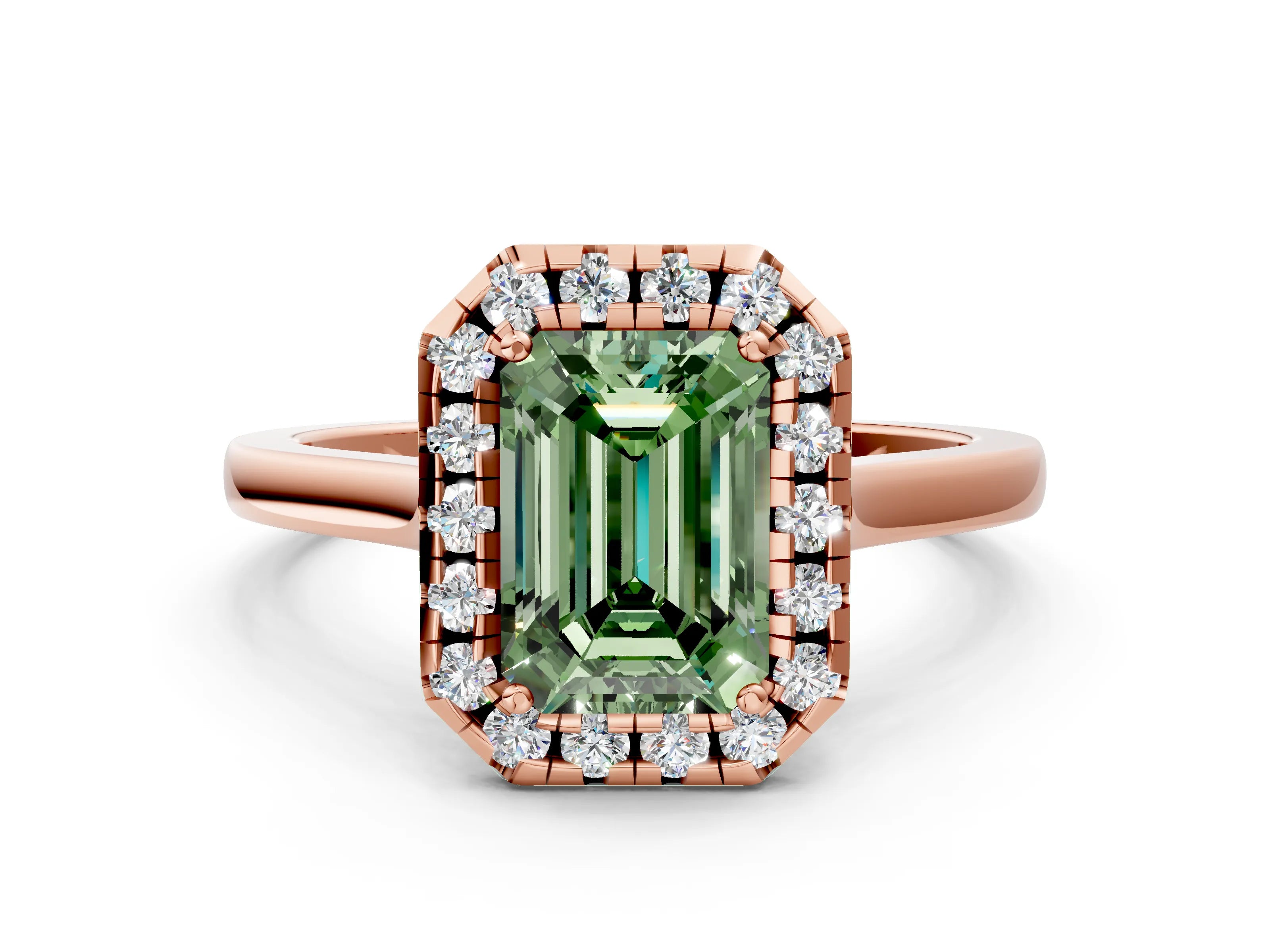 Rose gold Fancy Green Emerald Cut Halo Round Diamond Solitaire Ring with Pavé Band and Four-Prong Setting