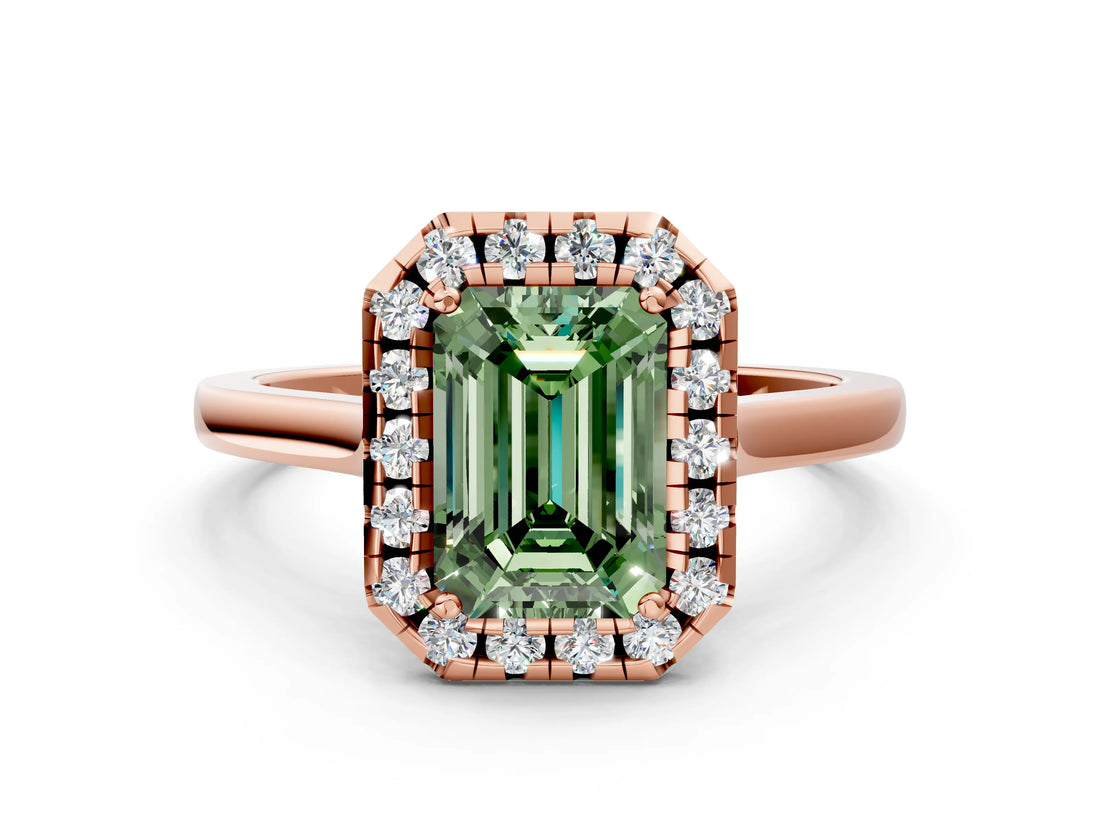 Rose gold Fancy Green Emerald Cut Halo Round Diamond Solitaire Ring with Pavé Band and Four-Prong Setting