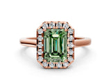 Rose gold Fancy Green Emerald Cut Halo Round Diamond Solitaire Ring with Pavé Band and Four-Prong Setting
