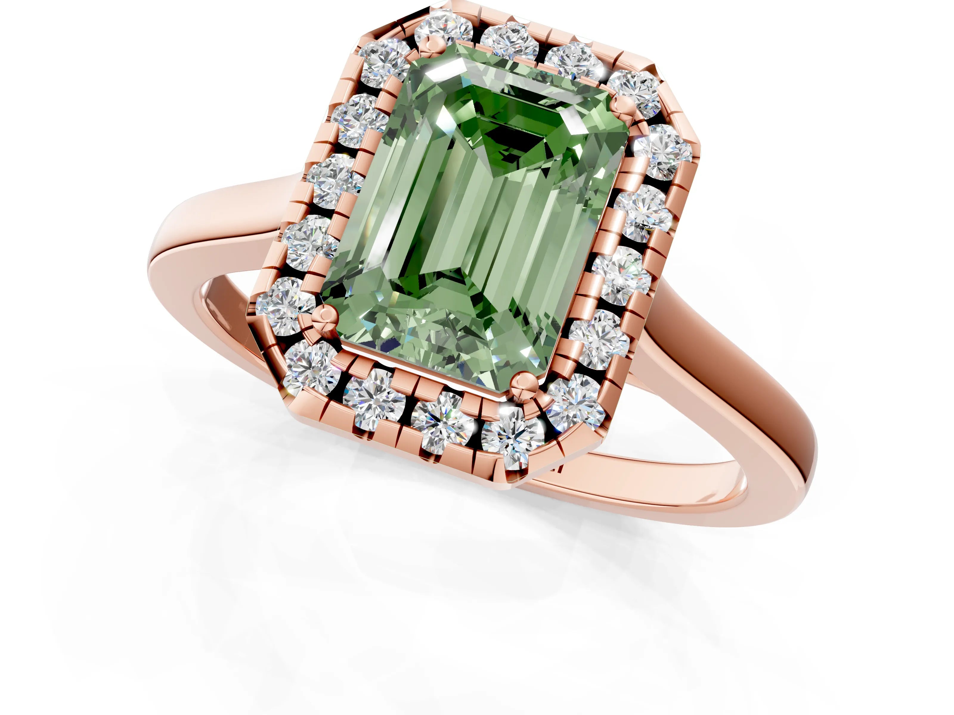 Rose gold Fancy Green Emerald Cut Halo Round Diamond Solitaire Ring with Pavé Band and Four-Prong Setting_1