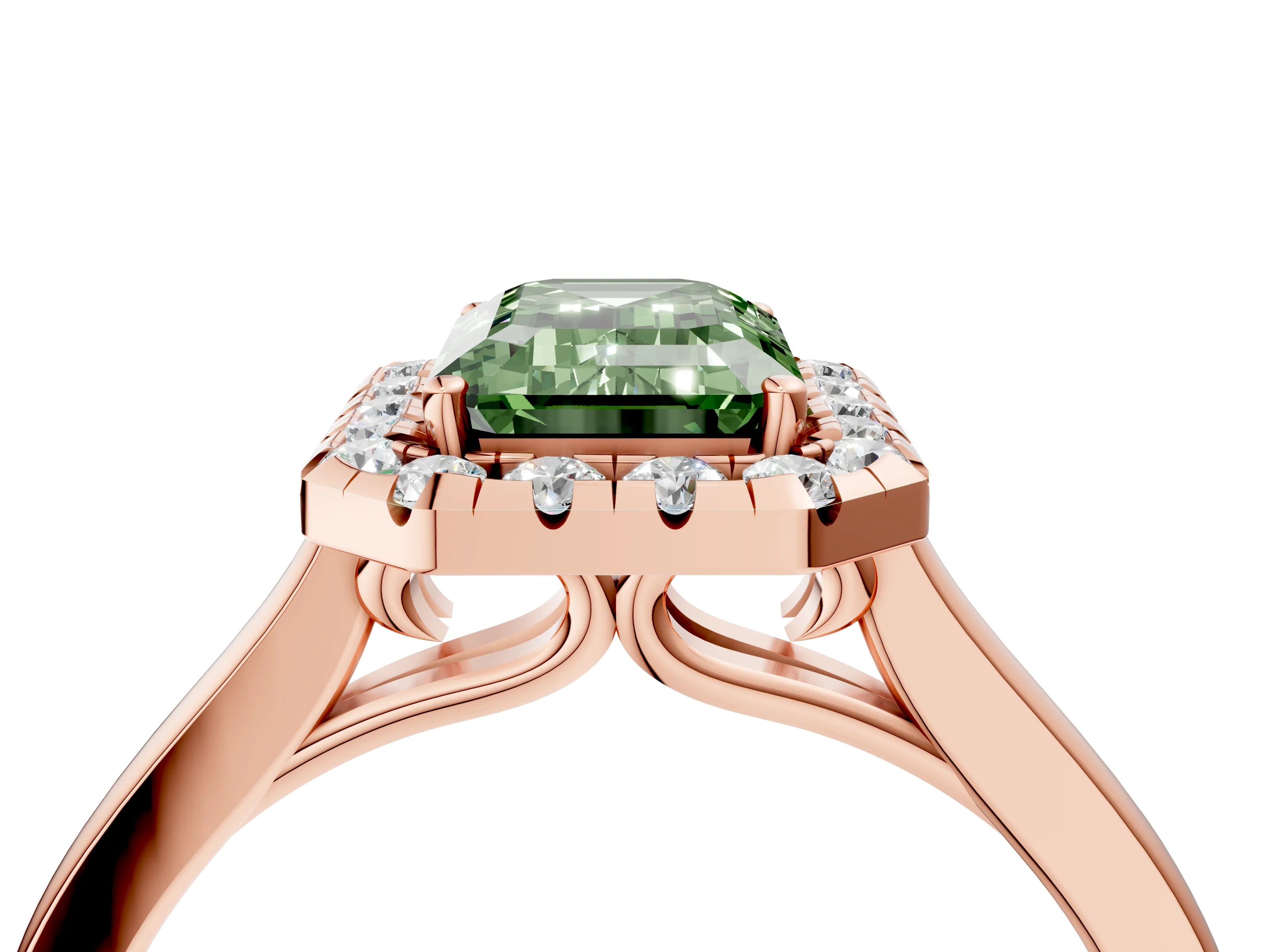 Rose gold Fancy Green Emerald Cut Halo Round Diamond Solitaire Ring with Pavé Band and Four-Prong Setting_4