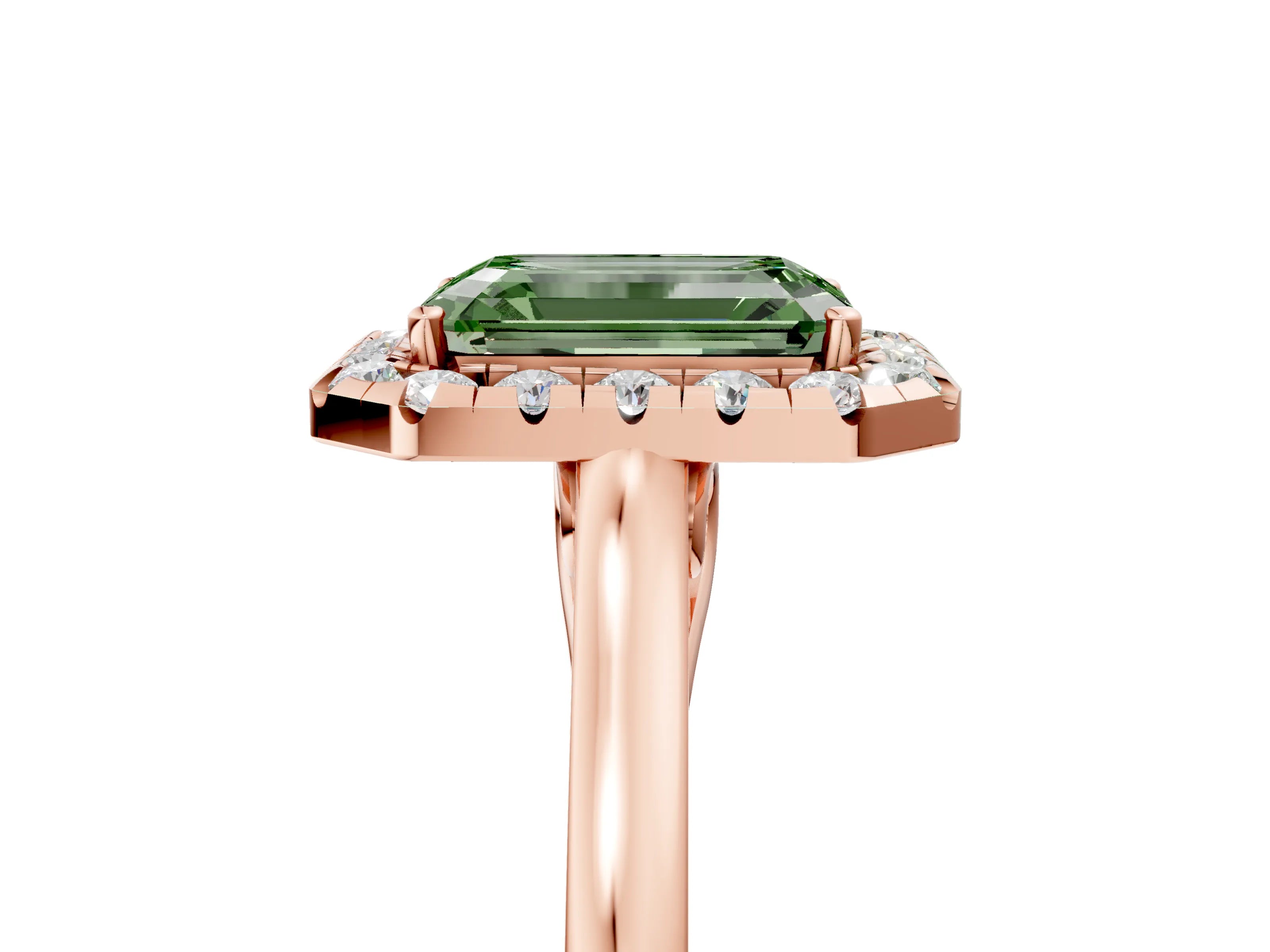 Rose gold Fancy Green Emerald Cut Halo Round Diamond Solitaire Ring with Pavé Band and Four-Prong Setting_5