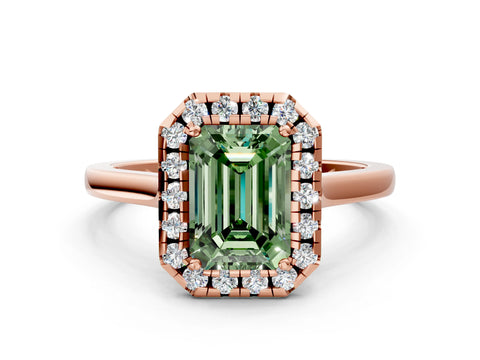 Rose gold Fancy Green Emerald Cut Halo Round Diamond Solitaire Ring with Pavé Band and Four-Prong Setting