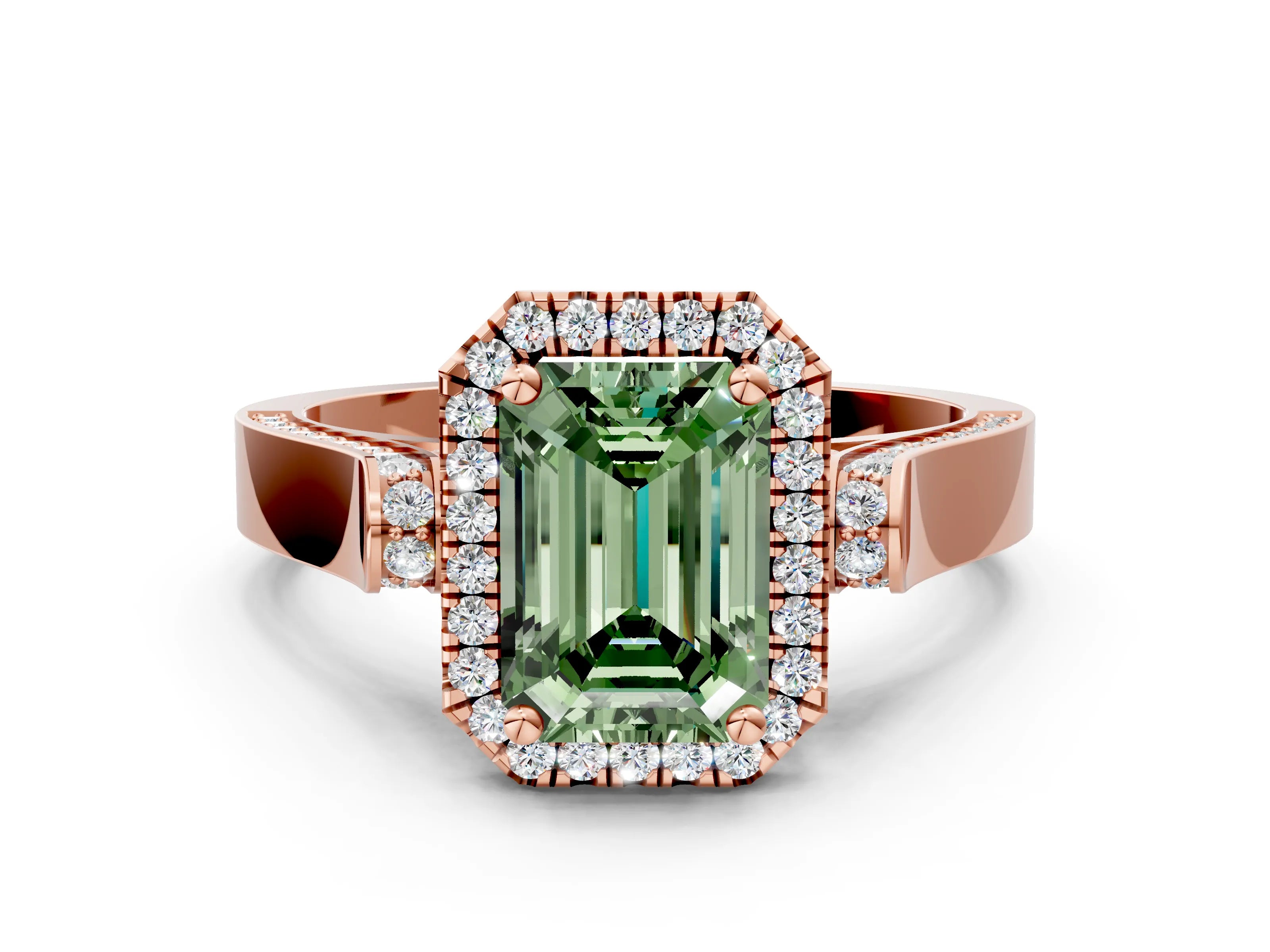 Rose gold Fancy Green Emerald Cut Halo Round Diamond Twist Band with Four-Prong Setting