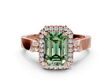 Rose gold Fancy Green Emerald Cut Halo Round Diamond Twist Band with Four-Prong Setting