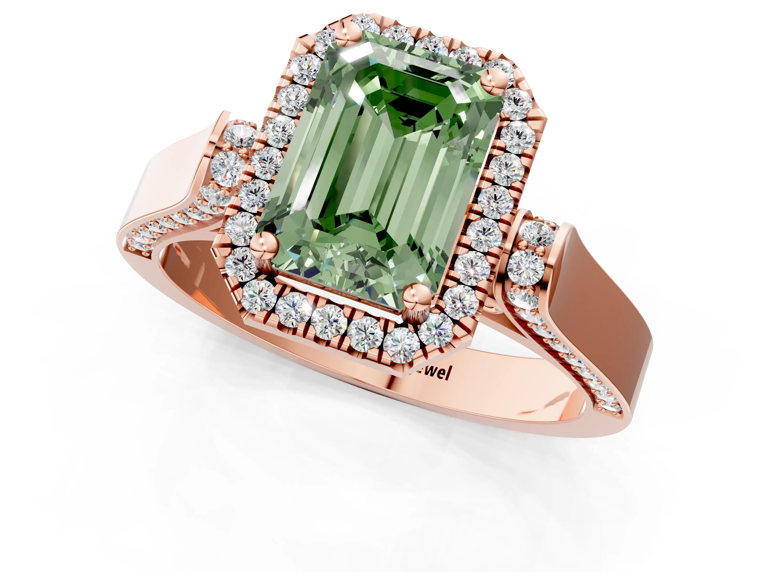 Rose gold Fancy Green Emerald Cut Halo Round Diamond Twist Band with Four-Prong Setting_1