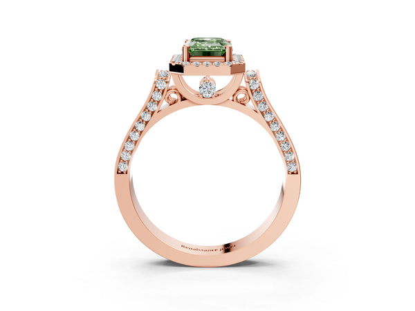 Rose gold Fancy Green Emerald Cut Halo Round Diamond Twist Band with Four-Prong Setting