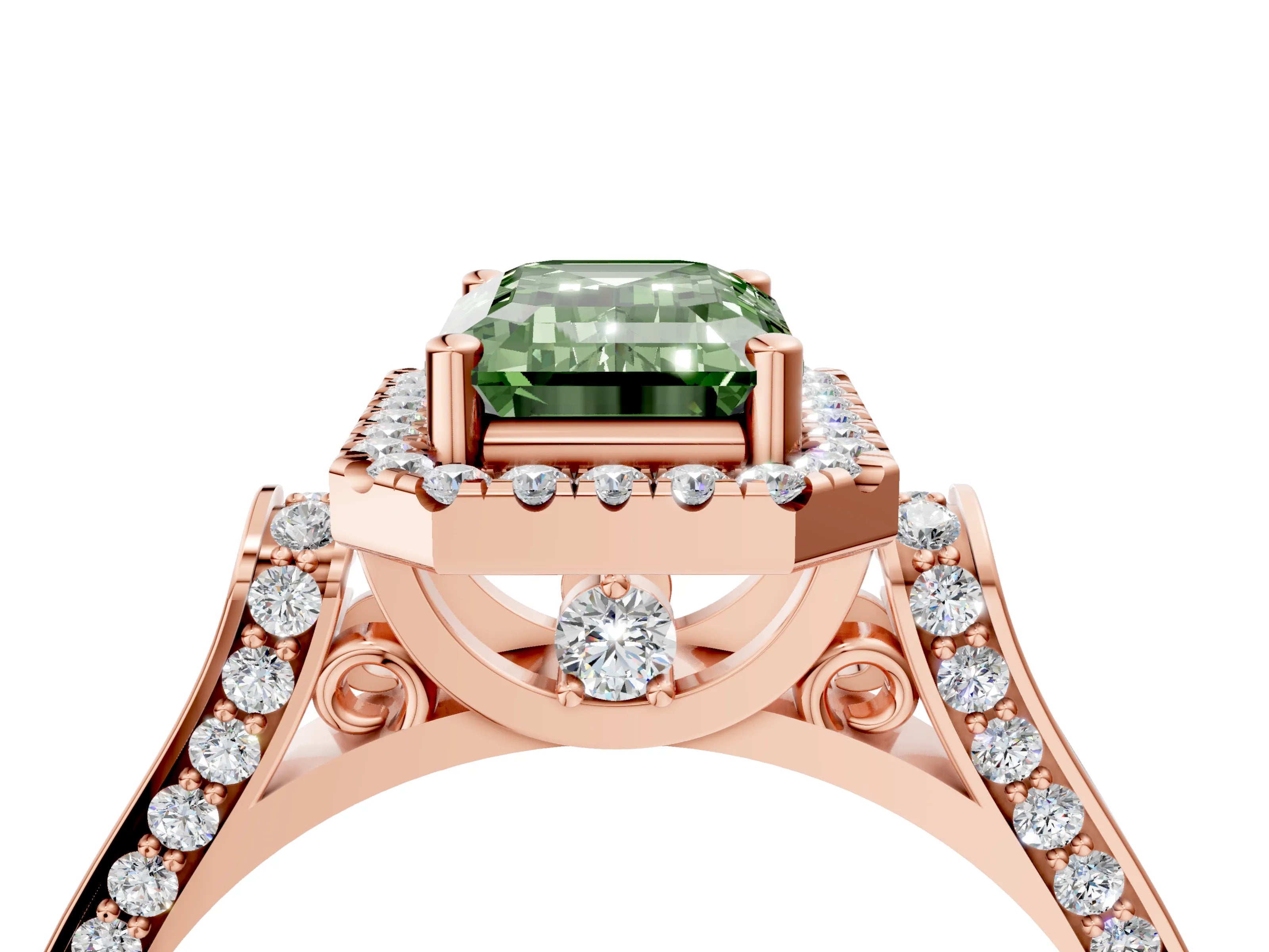 Rose gold Fancy Green Emerald Cut Halo Round Diamond Twist Band with Four-Prong Setting_4