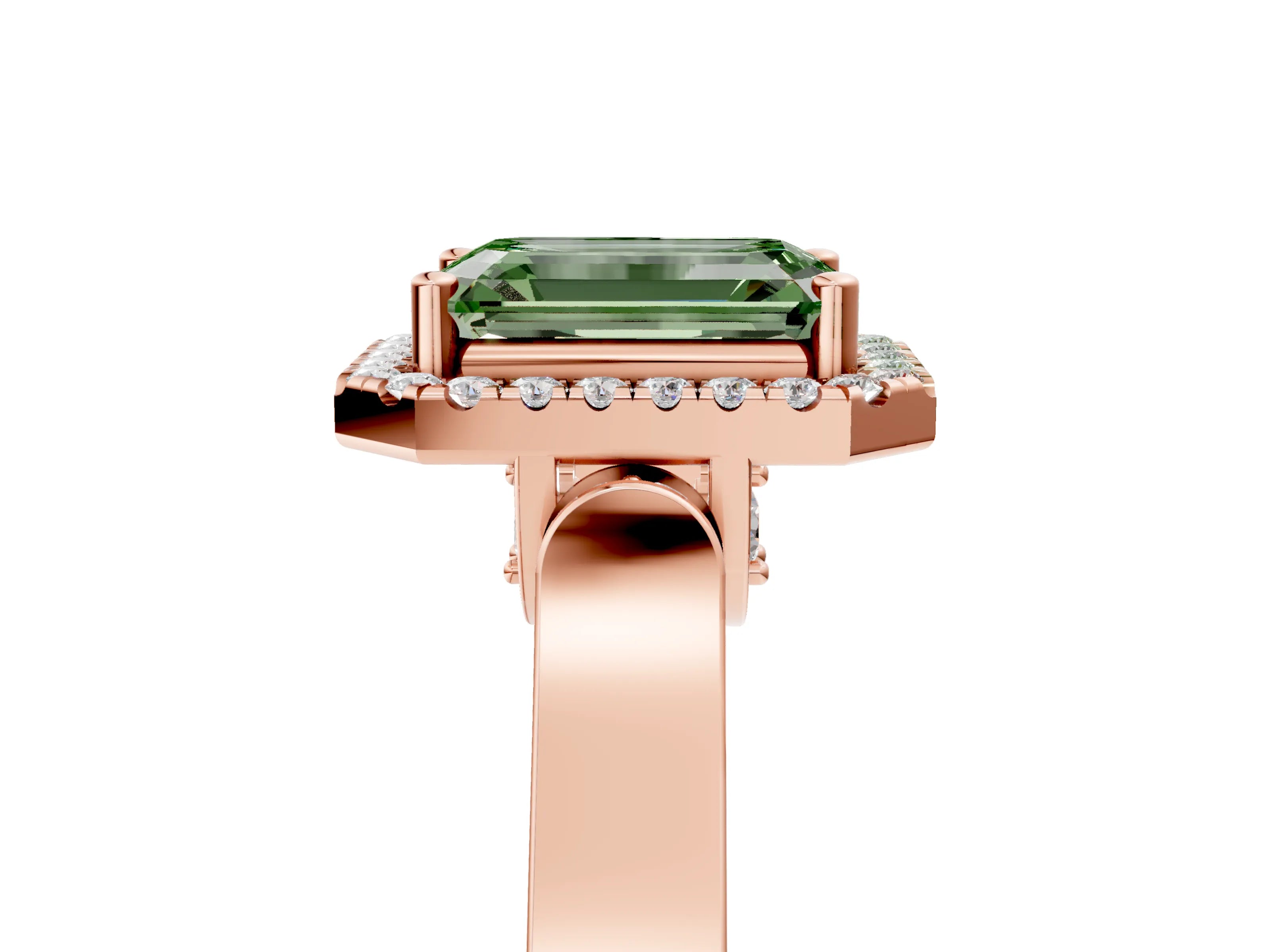 Rose gold Fancy Green Emerald Cut Halo Round Diamond Twist Band with Four-Prong Setting_5