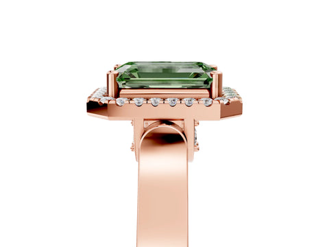 Rose gold Fancy Green Emerald Cut Halo Round Diamond Twist Band with Four-Prong Setting_5