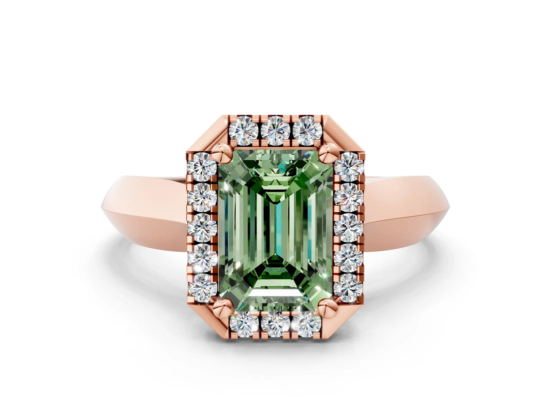 Rose gold Fancy Green Emerald  Cut Halo Solitaire Engagement Ring with Square Band and Four-Prong Setting_66