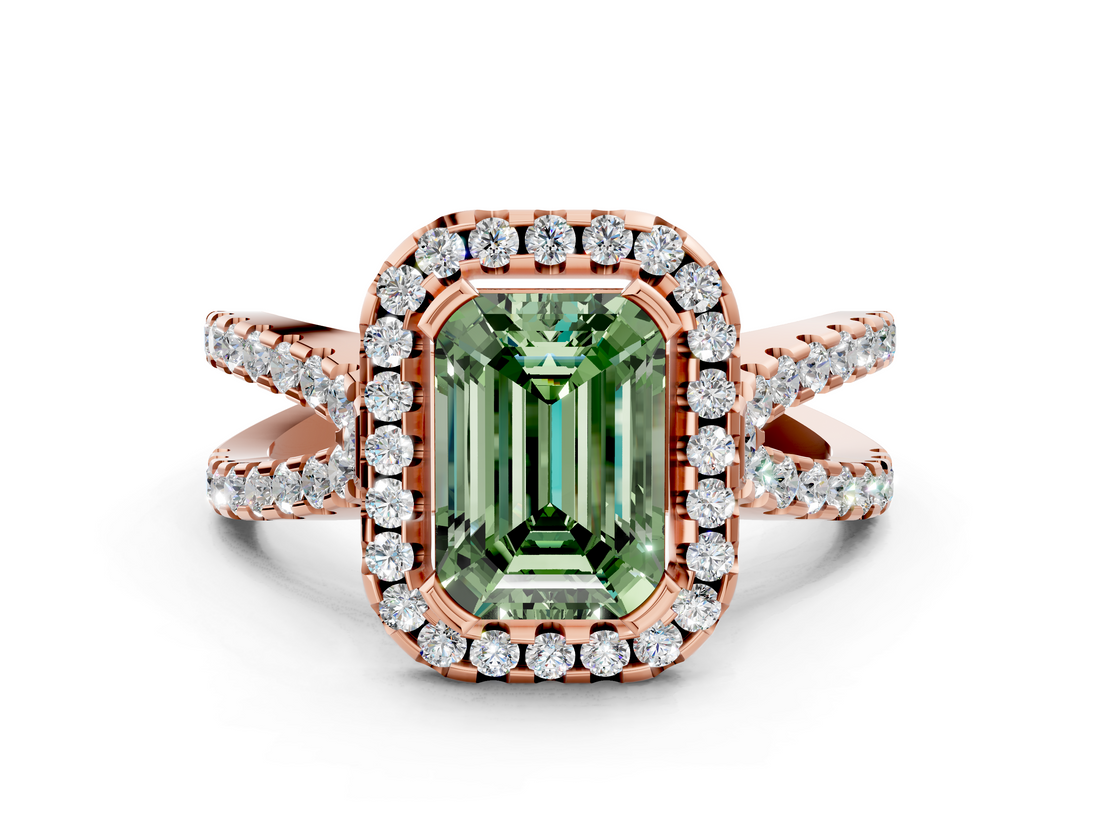 Rose gold Fancy Green Emerald  Cut Halo Split Shank Pave Set Ring_62