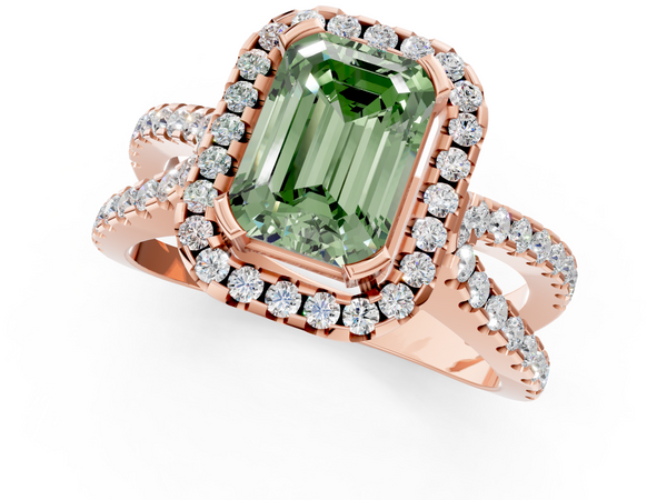 Rose gold Fancy Green Emerald Cut Diamond Halo Ring with Split Shank Pavé Band and Prong Setting