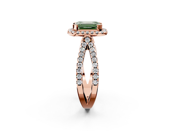 Rose gold Fancy Green Emerald Cut Diamond Halo Ring with Split Shank Pavé Band and Prong Setting