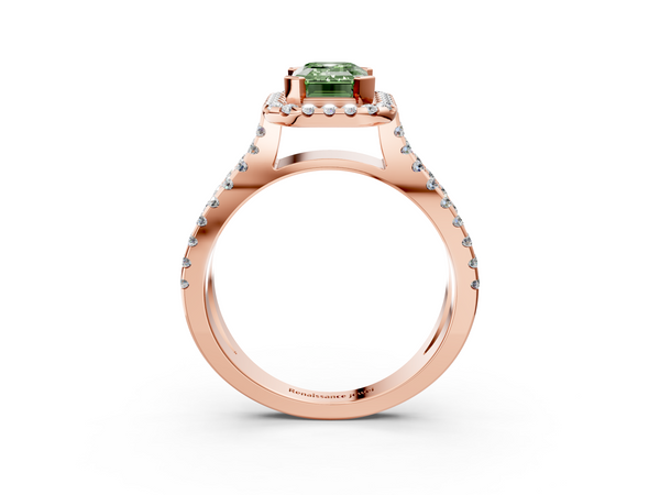 Rose gold Fancy Green Emerald Cut Diamond Halo Ring with Split Shank Pavé Band and Prong Setting