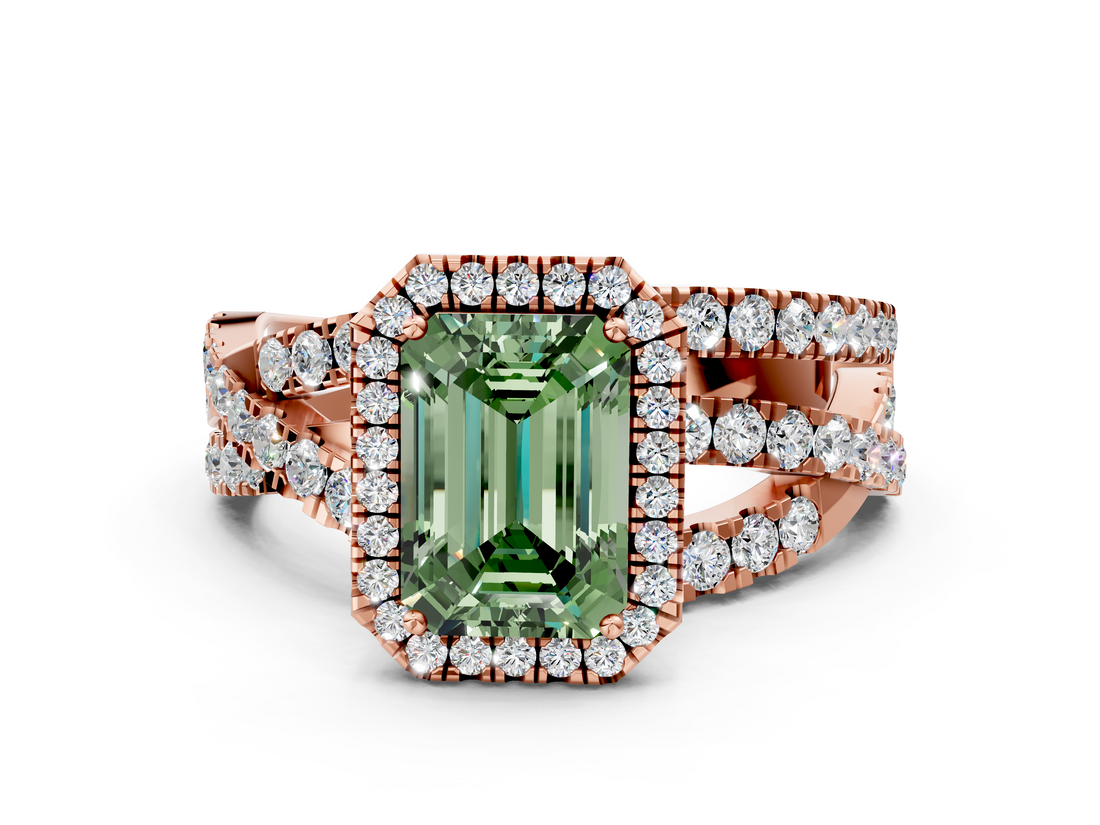Rose gold Fancy Green Emerald  Cut Halo Split Shank Prong Setting Ring_61