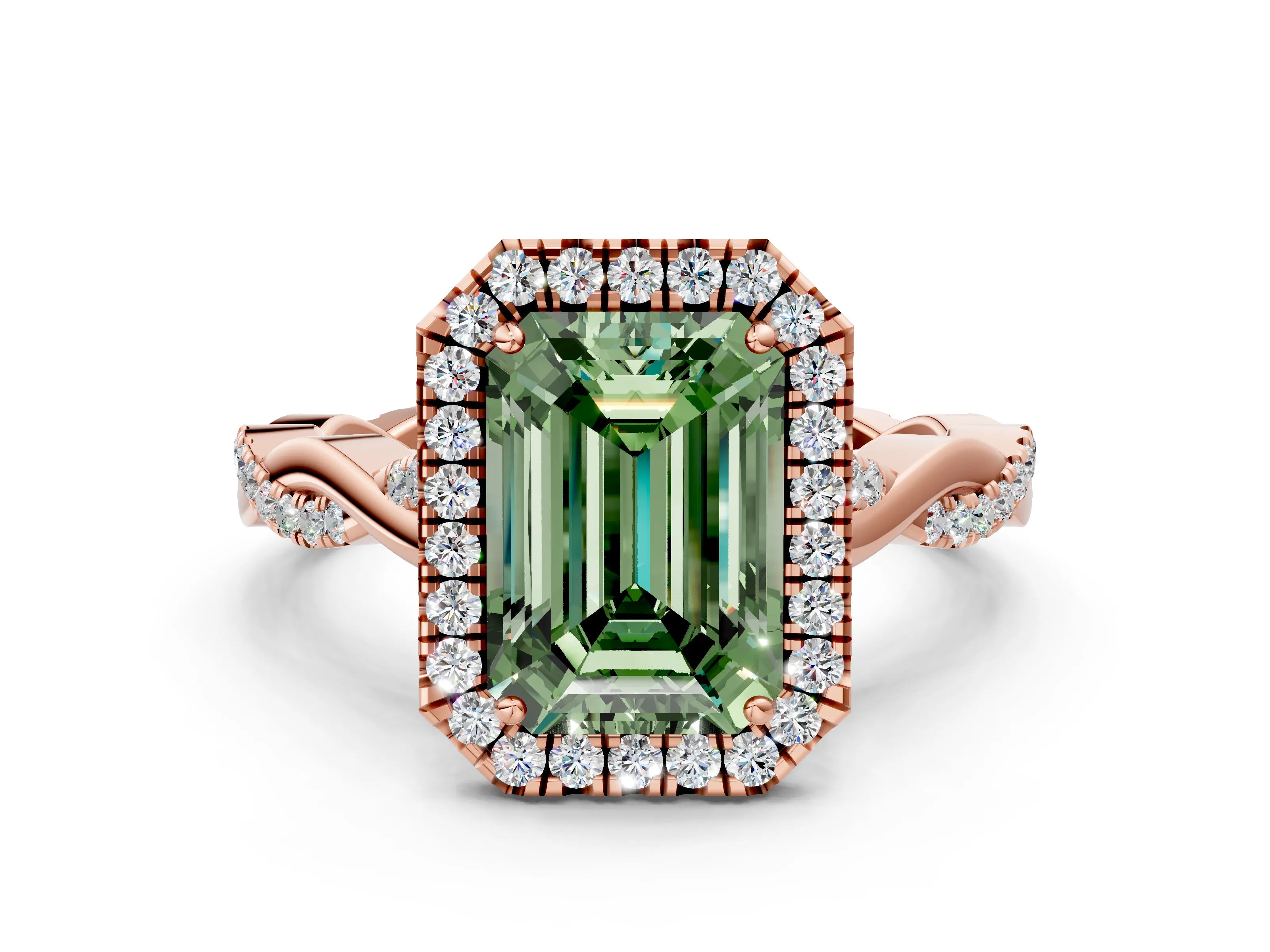 Rose gold Fancy Green Emerald Cut Halo Twist Band with Four-Prong Setting