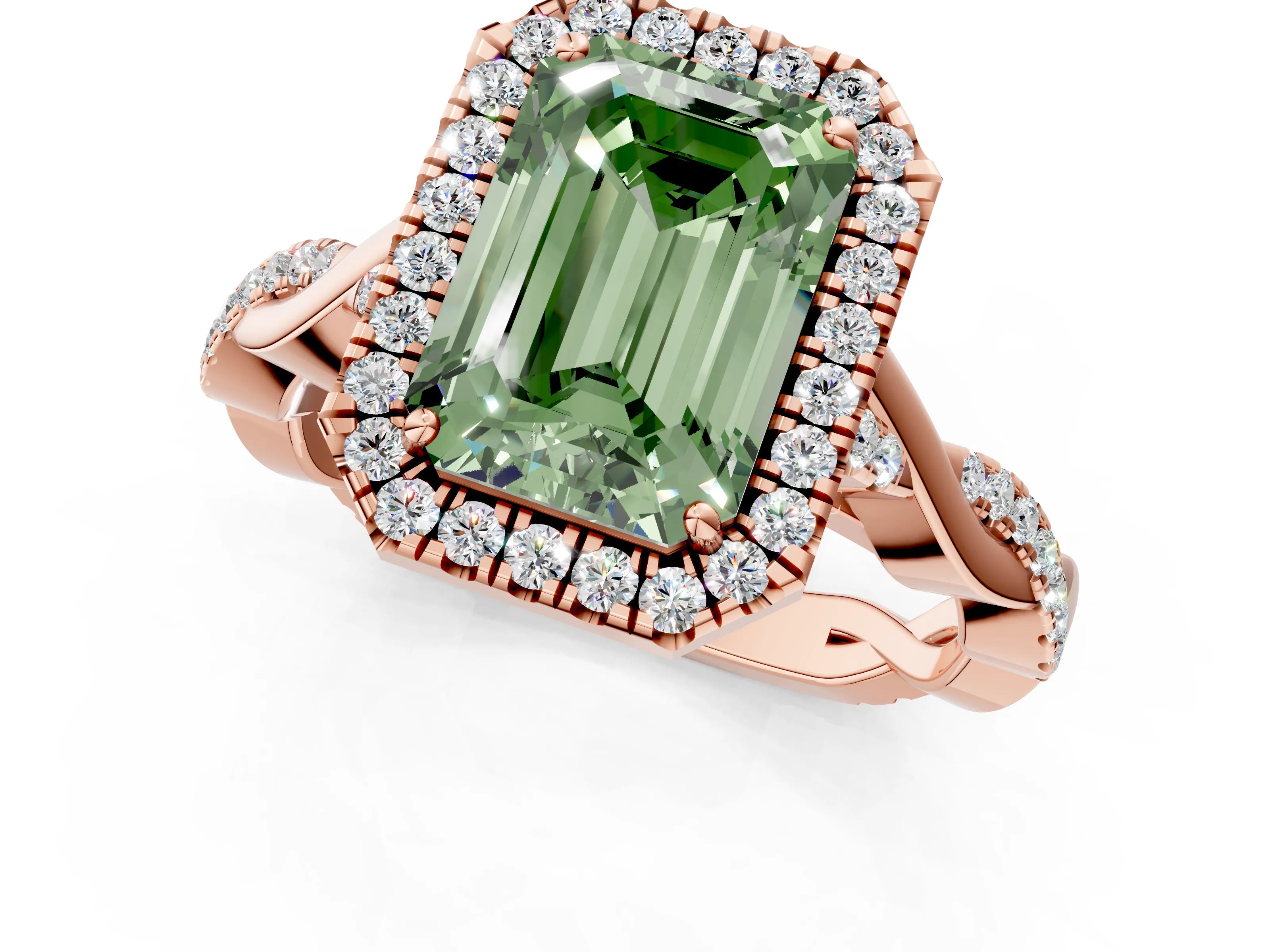 Rose gold Fancy Green Emerald Cut Halo Twist Band with Four-Prong Setting_1