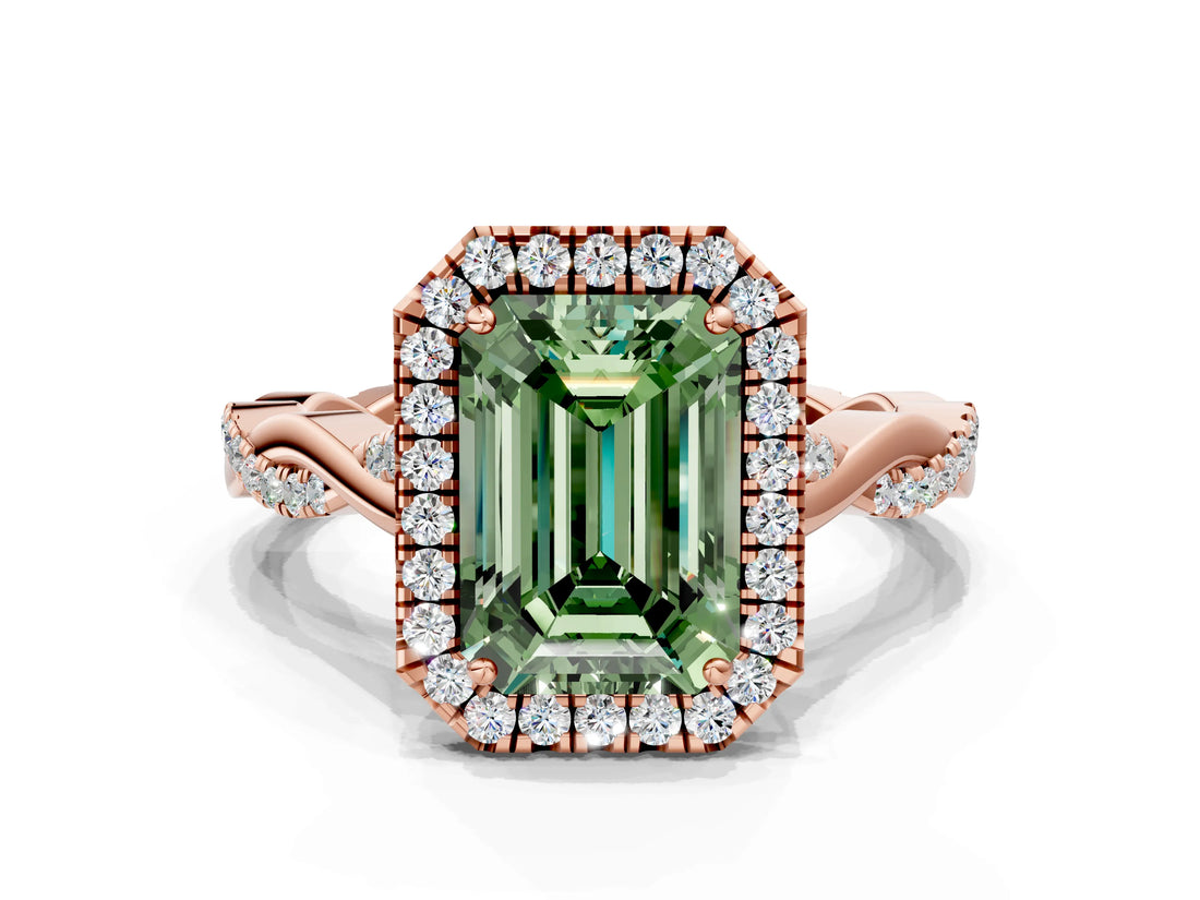Rose gold Fancy Green Emerald Cut Halo Twist Band with Four-Prong Setting_12