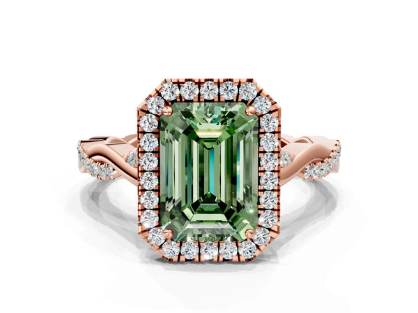 Rose gold Fancy Green Emerald Cut Halo Twist Band with Four-Prong Setting