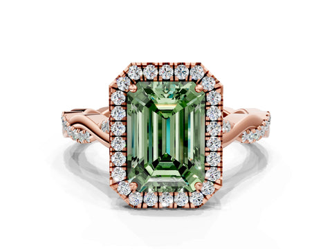 Rose gold Fancy Green Emerald Cut Halo Twist Band with Four-Prong Setting_12