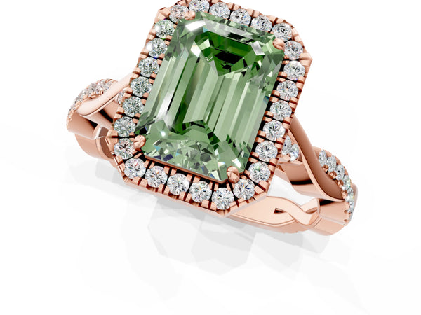 Rose gold Fancy Green Emerald Cut Halo Twist Band with Four-Prong Setting
