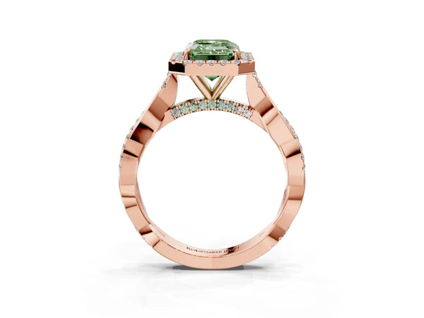 Rose gold Fancy Green Emerald Cut Halo Twist Band with Four-Prong Setting