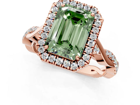 Rose gold Fancy Green Emerald Cut Halo Twist Band with Four-Prong Setting_1