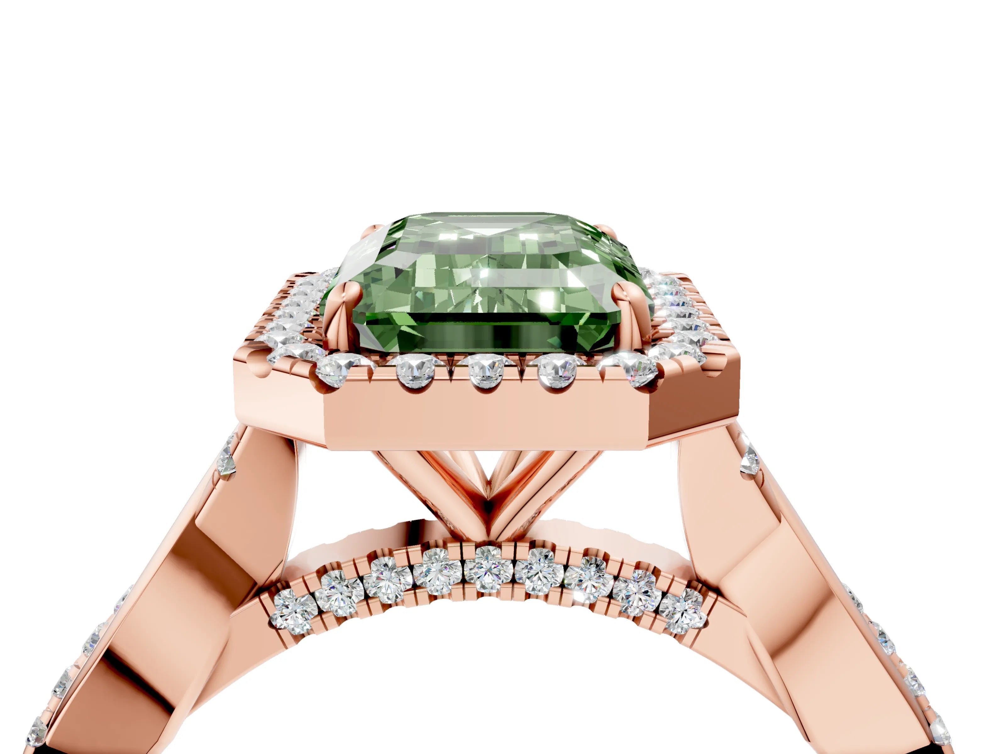 Rose gold Fancy Green Emerald Cut Halo Twist Band with Four-Prong Setting_4