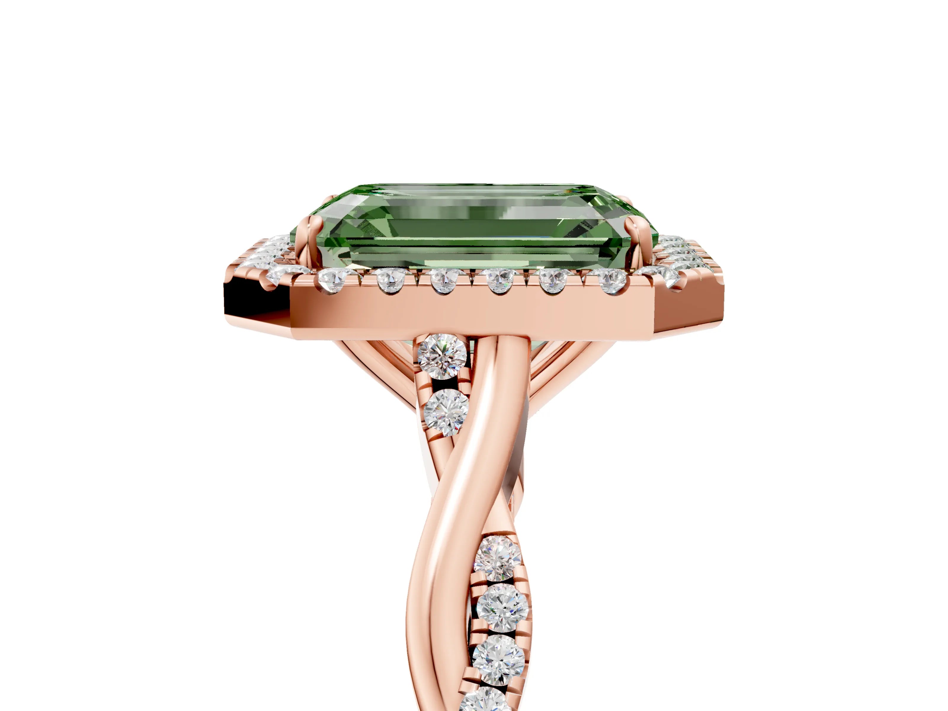 Rose gold Fancy Green Emerald Cut Halo Twist Band with Four-Prong Setting_5