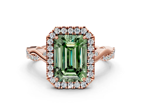 Rose gold Fancy Green Emerald Cut Halo Twist Band with Four-Prong Setting