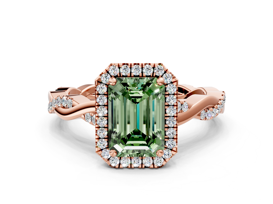 Rose gold Fancy Green Emerald  Cut Halo Twisted Band Four-Prong Ring_20