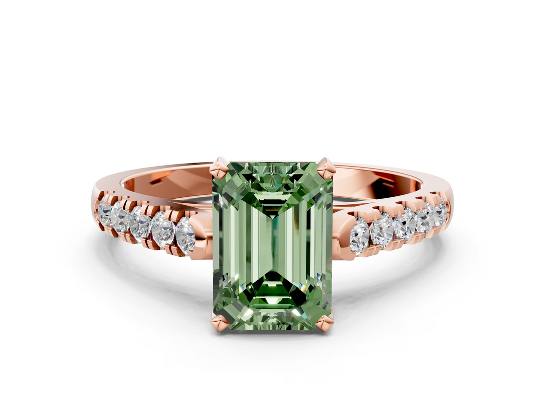 Rose gold Fancy Green Emerald  Cut Pavé Band Solitaire Ring with Four-Prong Setting_25
