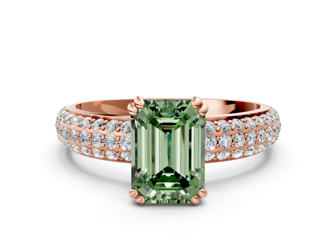 Rose gold Fancy Green Emerald  Cut Pave Diamond Engagement Ring with Channel Set Band and Four-Prong Setting_21