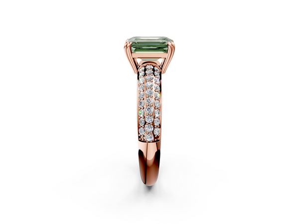 Rose gold Fancy Green Emerald  Cut Pave Diamond Engagement Ring with Channel Set Band and Four-Prong Setting