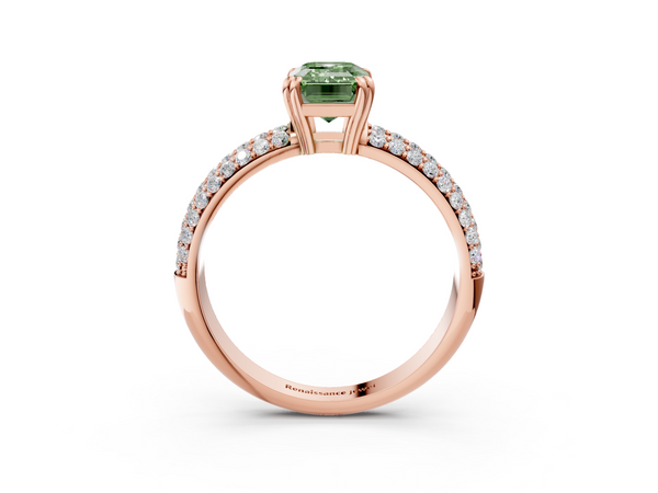 Rose gold Fancy Green Emerald  Cut Pave Diamond Engagement Ring with Channel Set Band and Four-Prong Setting