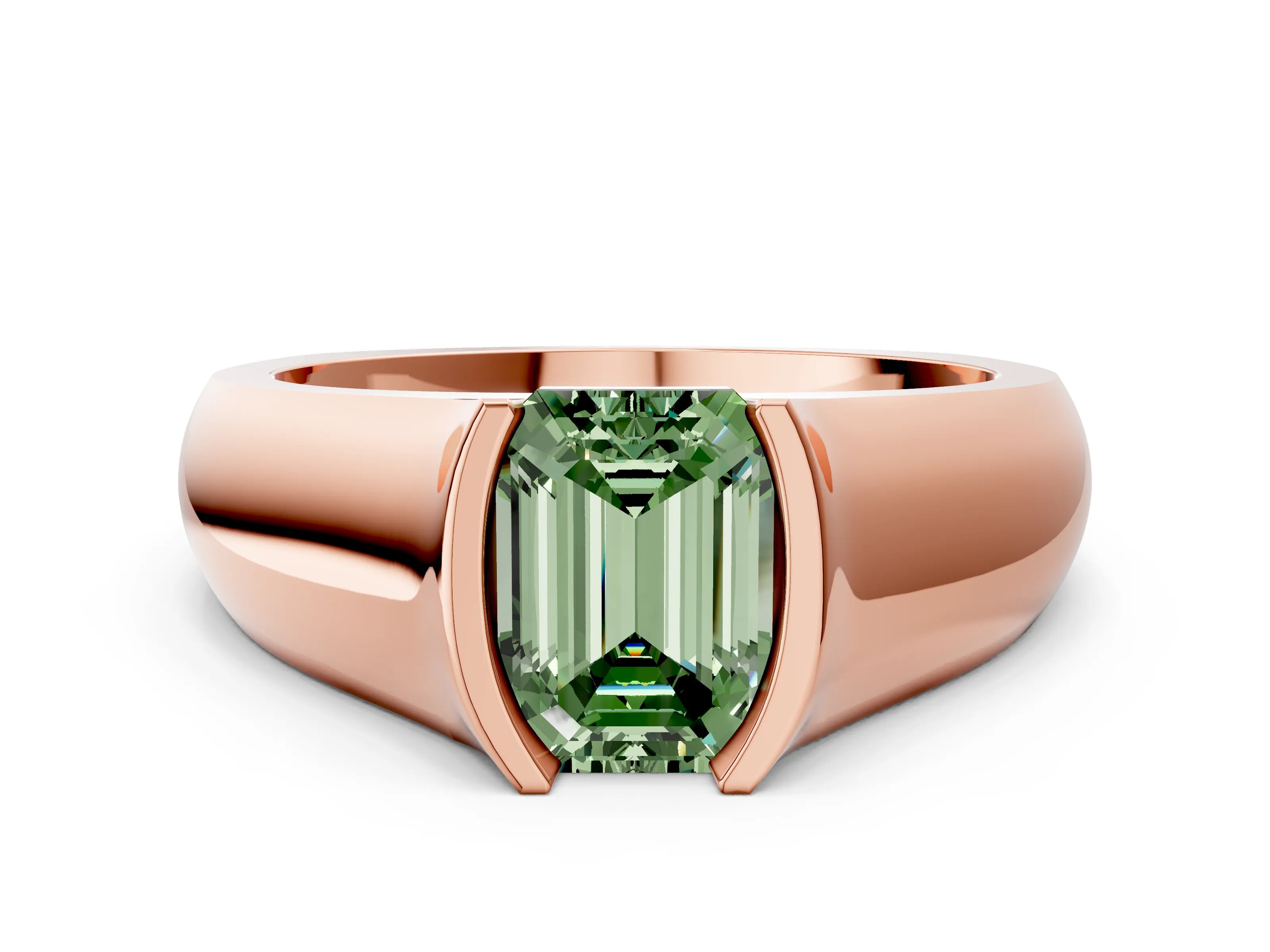 Rose gold Fancy Green Emerald Cut Solitaire Bezel Set Diamond Ring with Wide Band