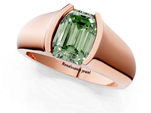 Rose gold Fancy Green Emerald Cut Solitaire Bezel Set Diamond Ring with Wide Band_1
