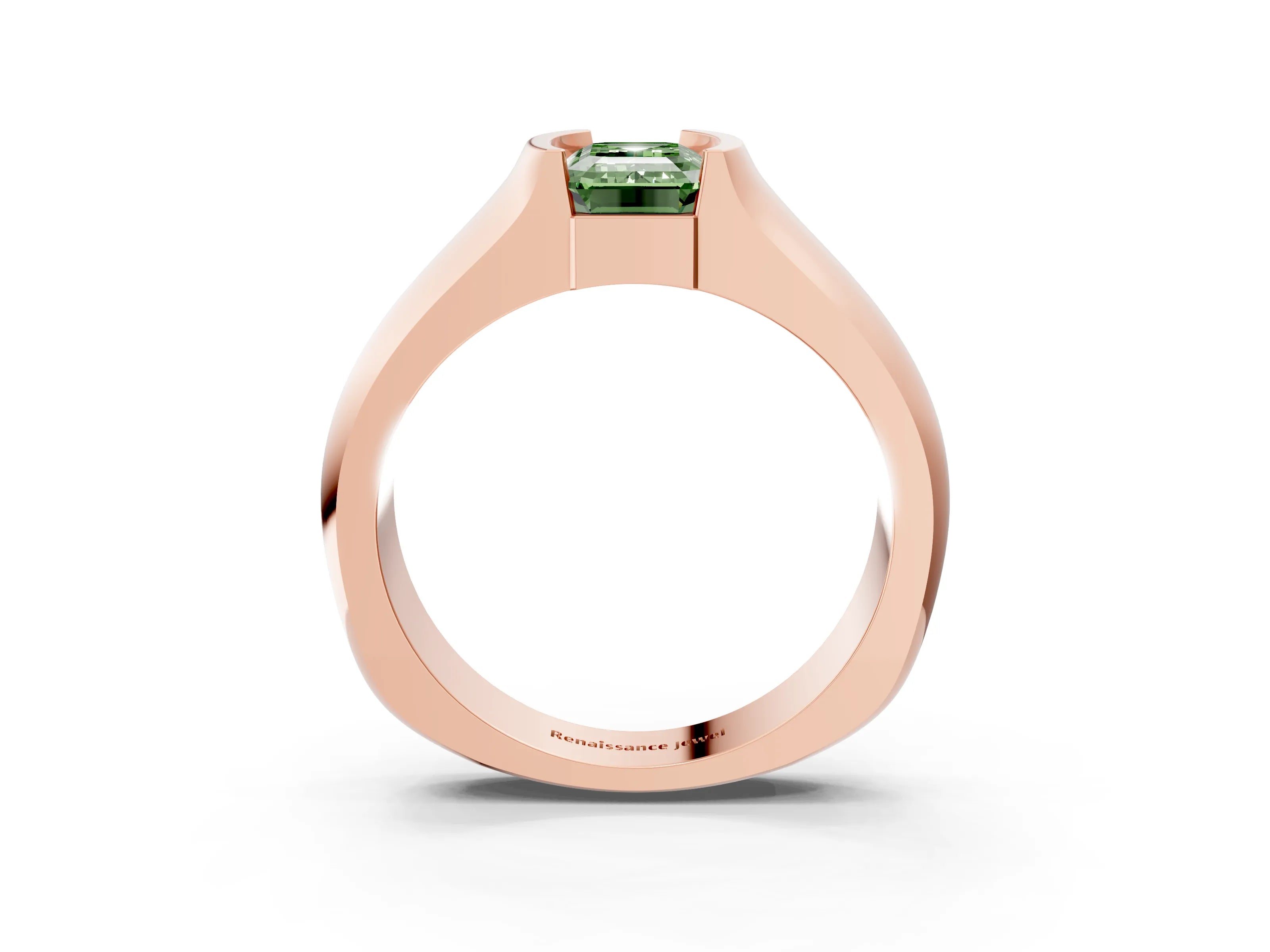Rose gold Fancy Green Emerald Cut Solitaire Bezel Set Diamond Ring with Wide Band_3