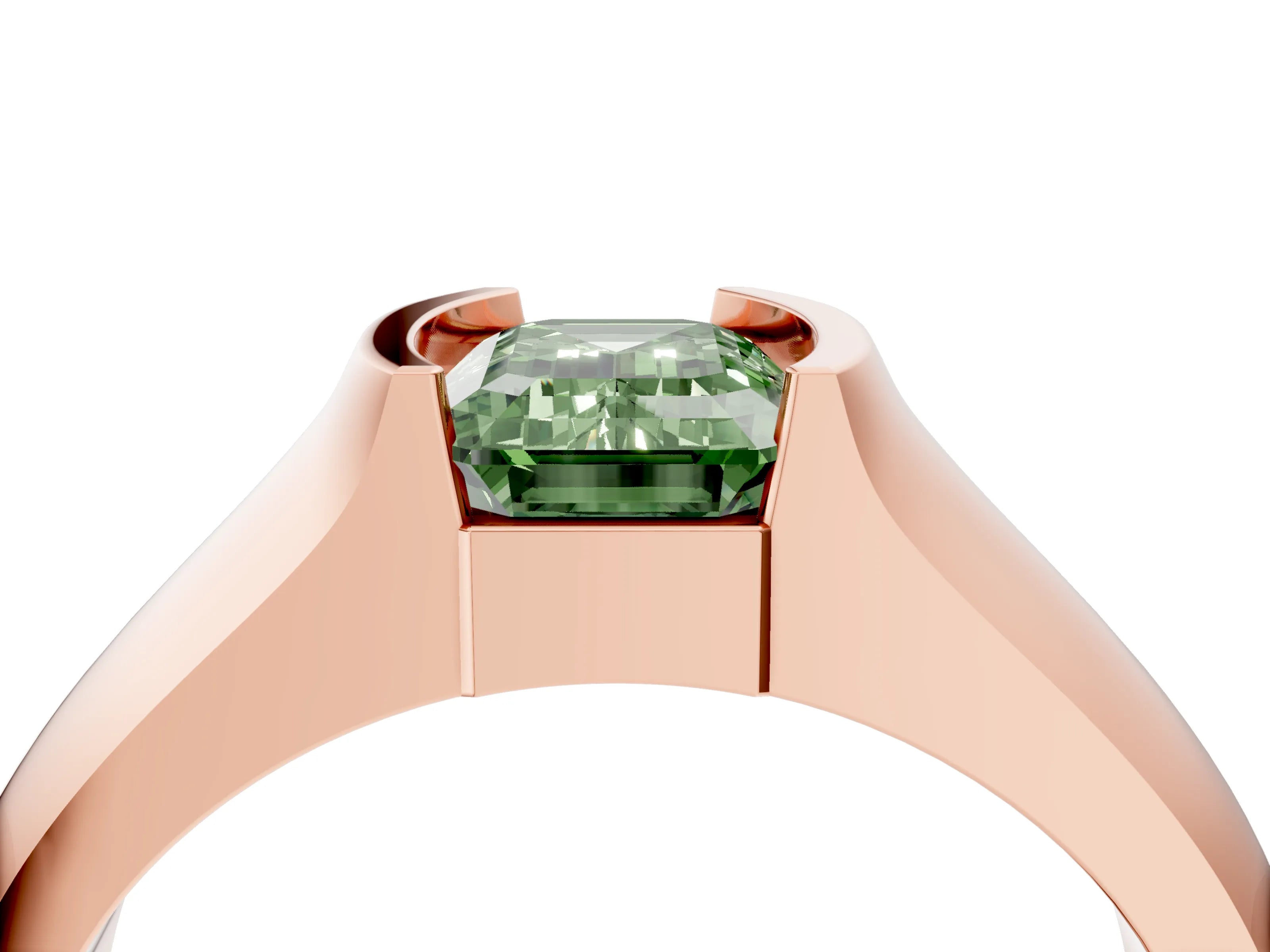 Rose gold Fancy Green Emerald Cut Solitaire Bezel Set Diamond Ring with Wide Band_4
